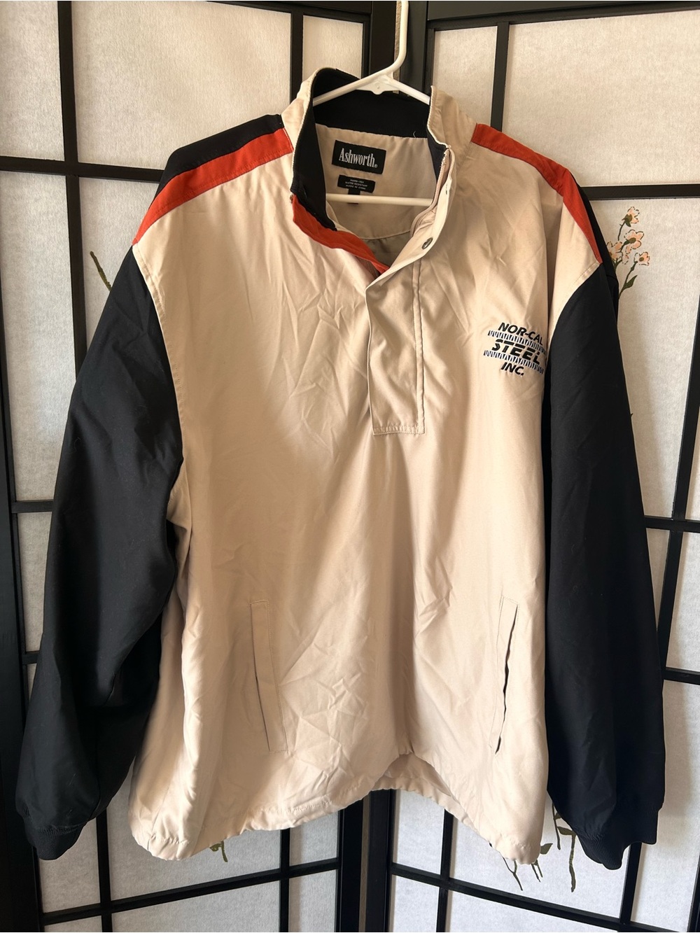 Ashworth Cream Windbreaker with Black Sleeves & Red Shoulder Stripes
